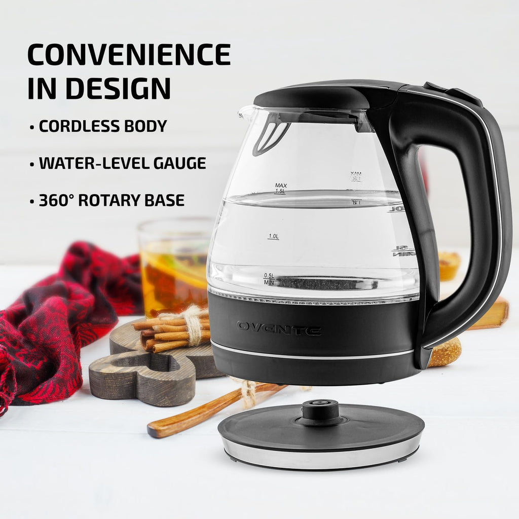 OVENTE 1.5L Glass Electric Kettle Black w/ LED Light & Safety Features