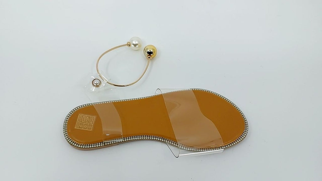 Lightweight Women's Flat Sandals Clear Straps Pearl Decor Apricot 5.5