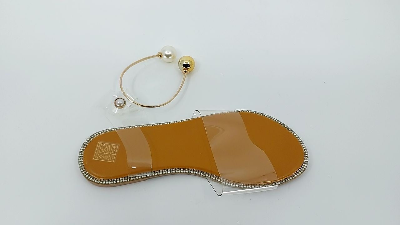 Lightweight Women's Flat Sandals Clear Straps Pearl Decor Apricot 5.5
