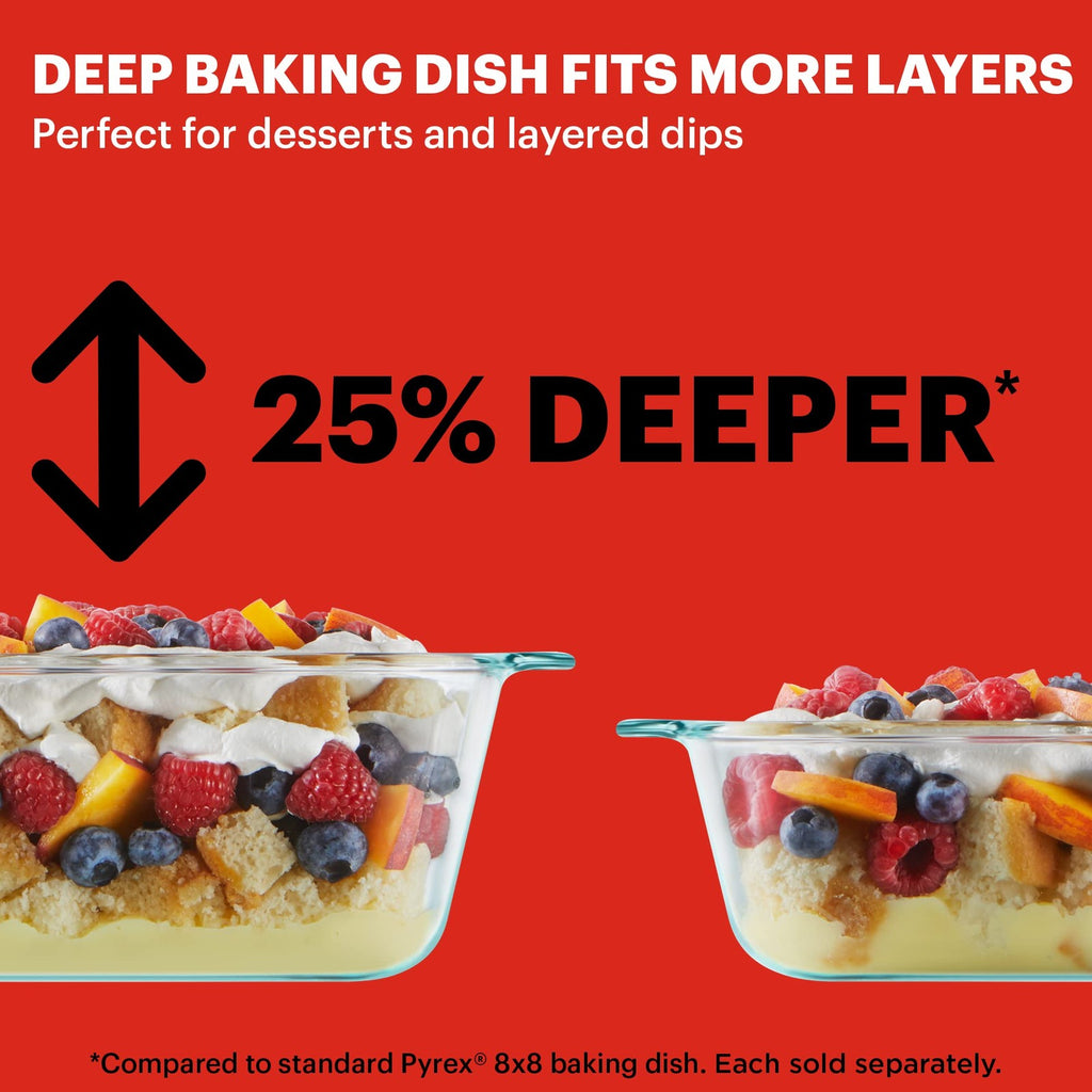 Pyrex 8x8 Deep Glass Baking Dish w/ Plastic Lid, Oven & Microwave Safe