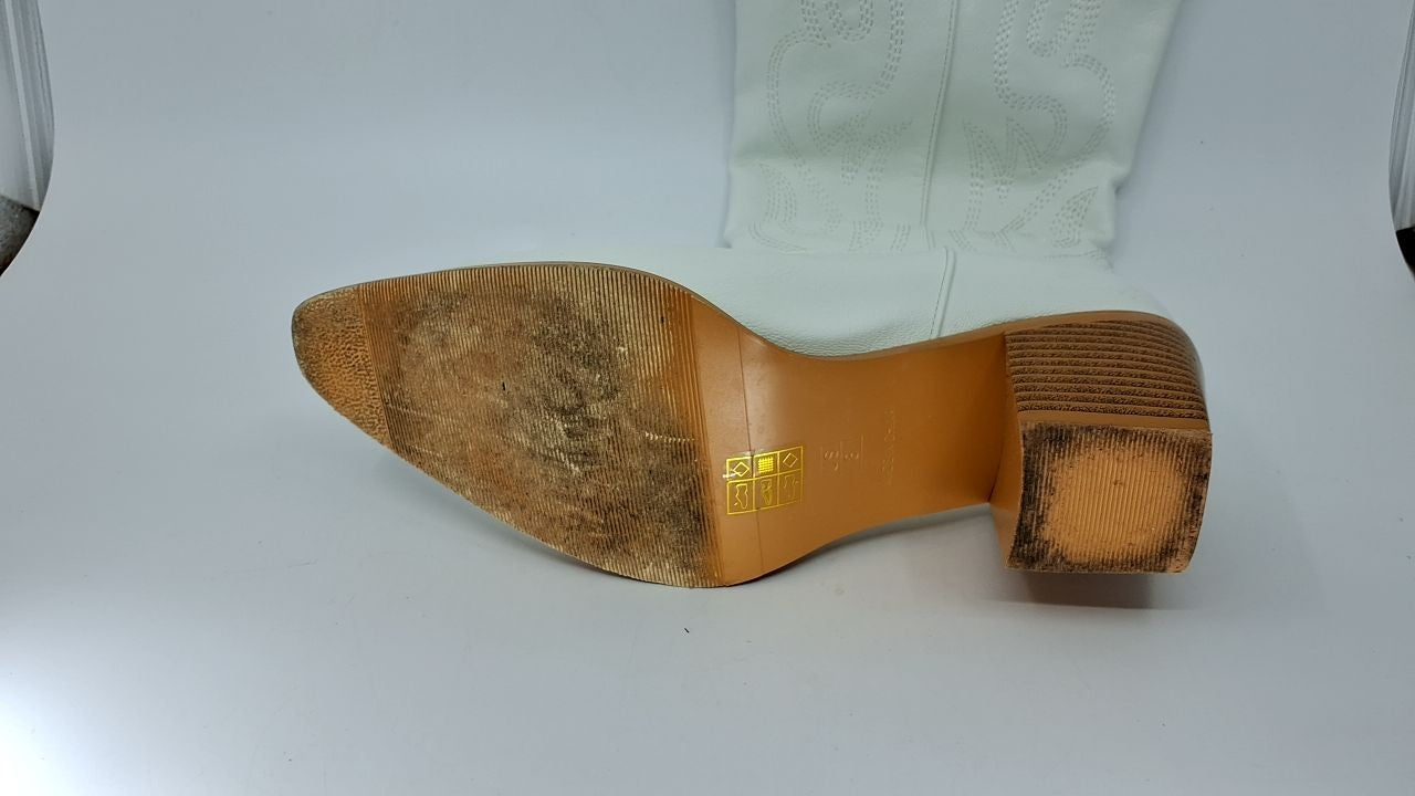 Embroidered White Cowboy Boots for Women, 8 Wide, Chunky Heel, Knee High