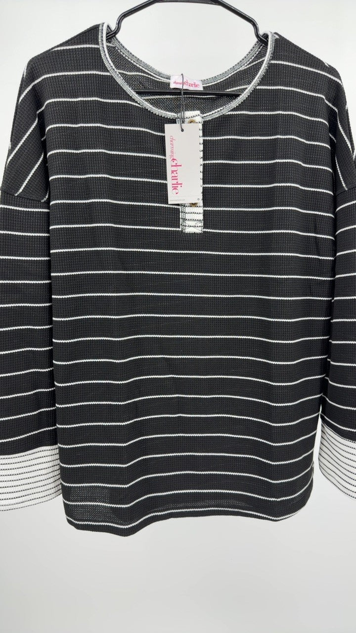Striped Waffle Knit Henley Long Sleeve Top