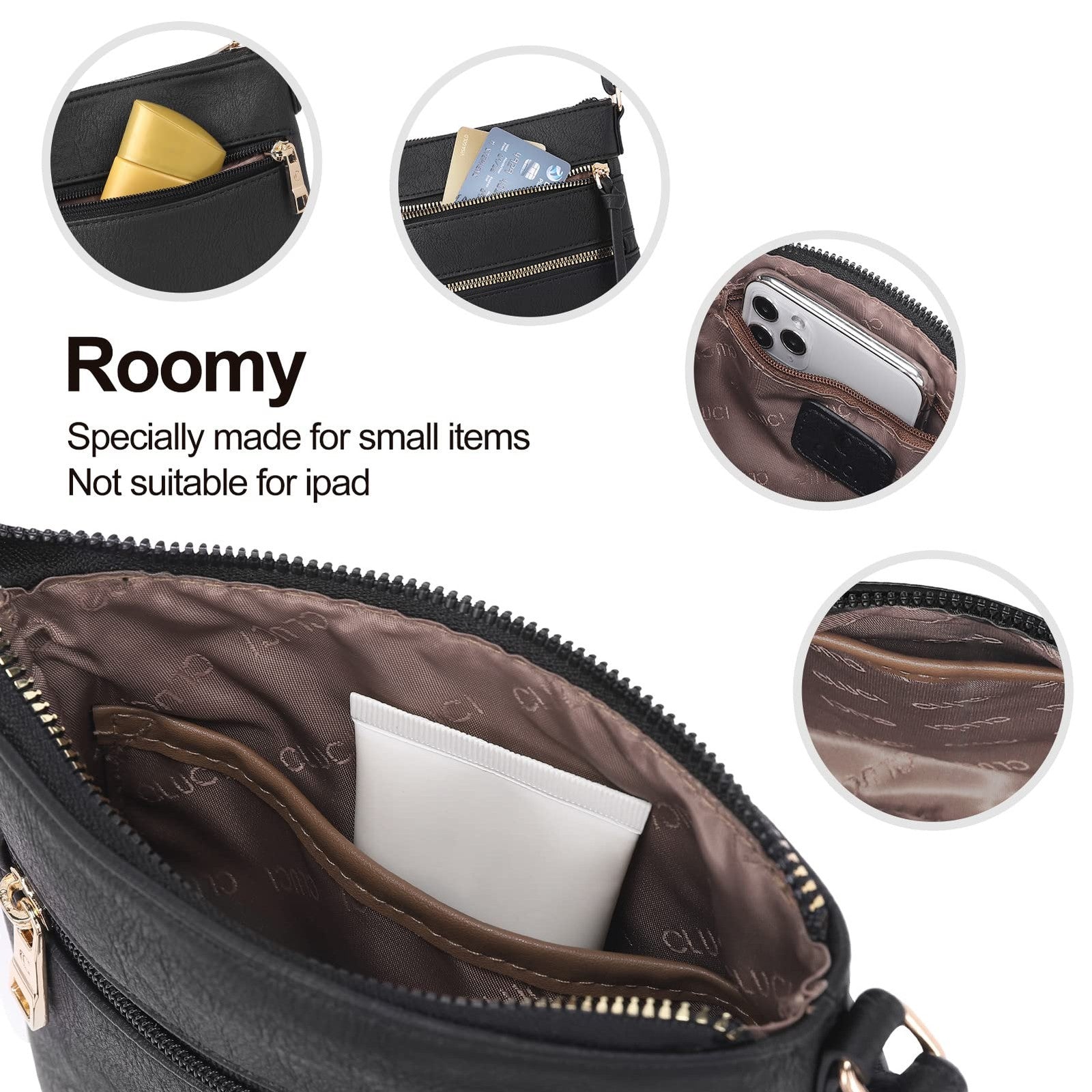 Small Black Crossbody Handbag w/ Adjustable Strap & Multi Zipper Pockets