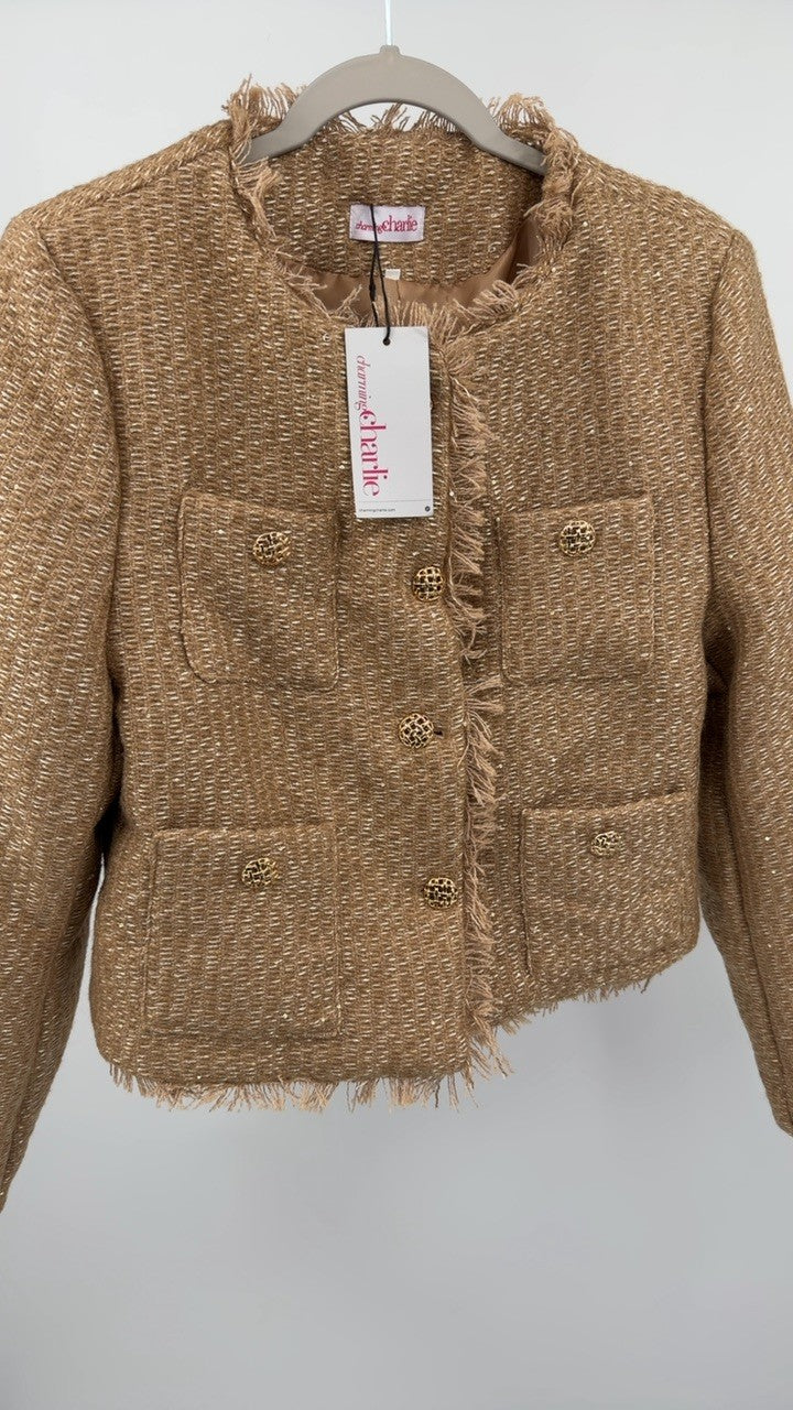 Raw Hem Pocketed Round Neck Jacket