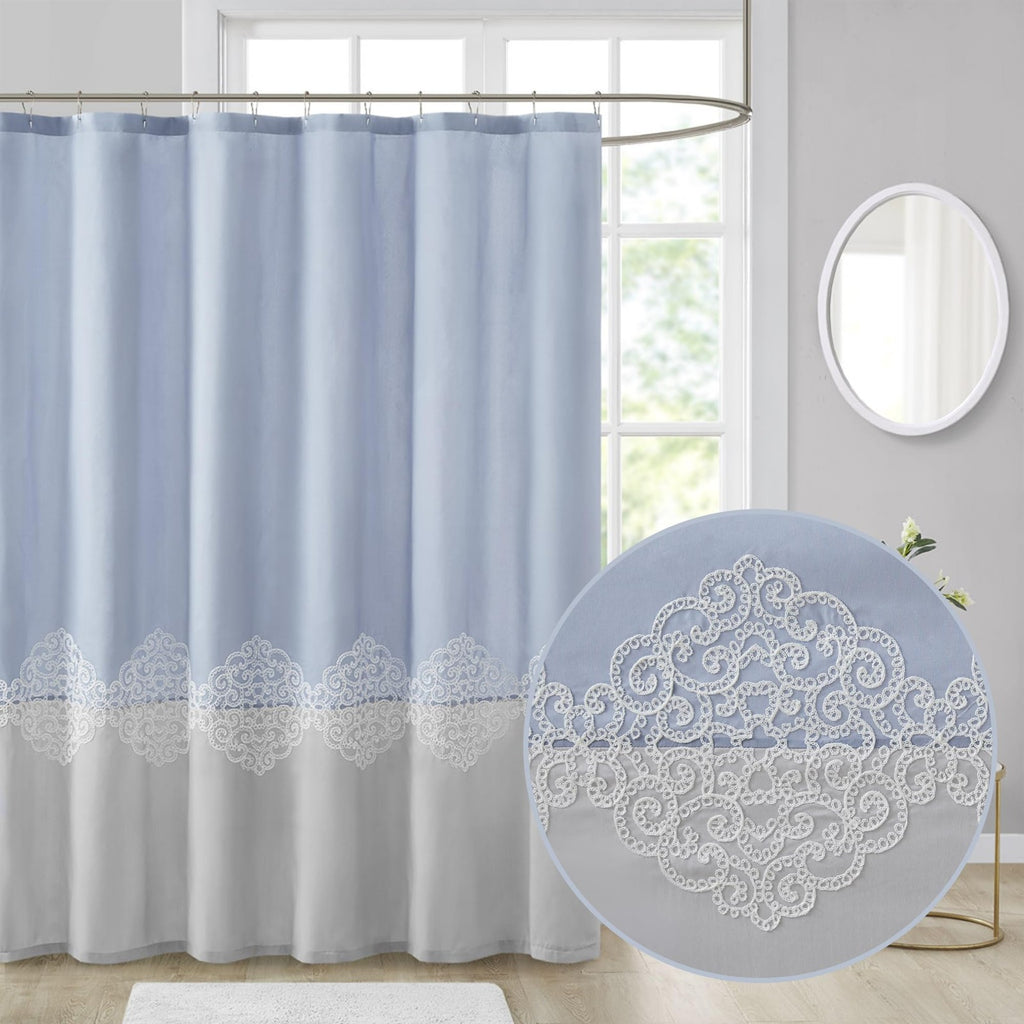 Blue Color Block Shower Curtain 72x72 w/ Lattice Embroidery Design