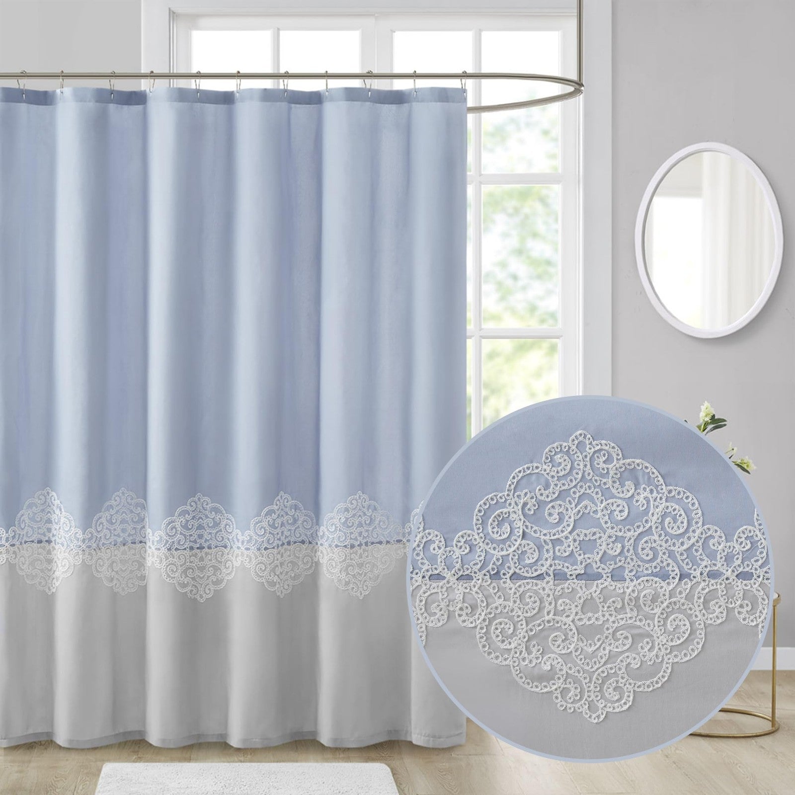Blue Color Block Shower Curtain 72x72 w/ Lattice Embroidery Design