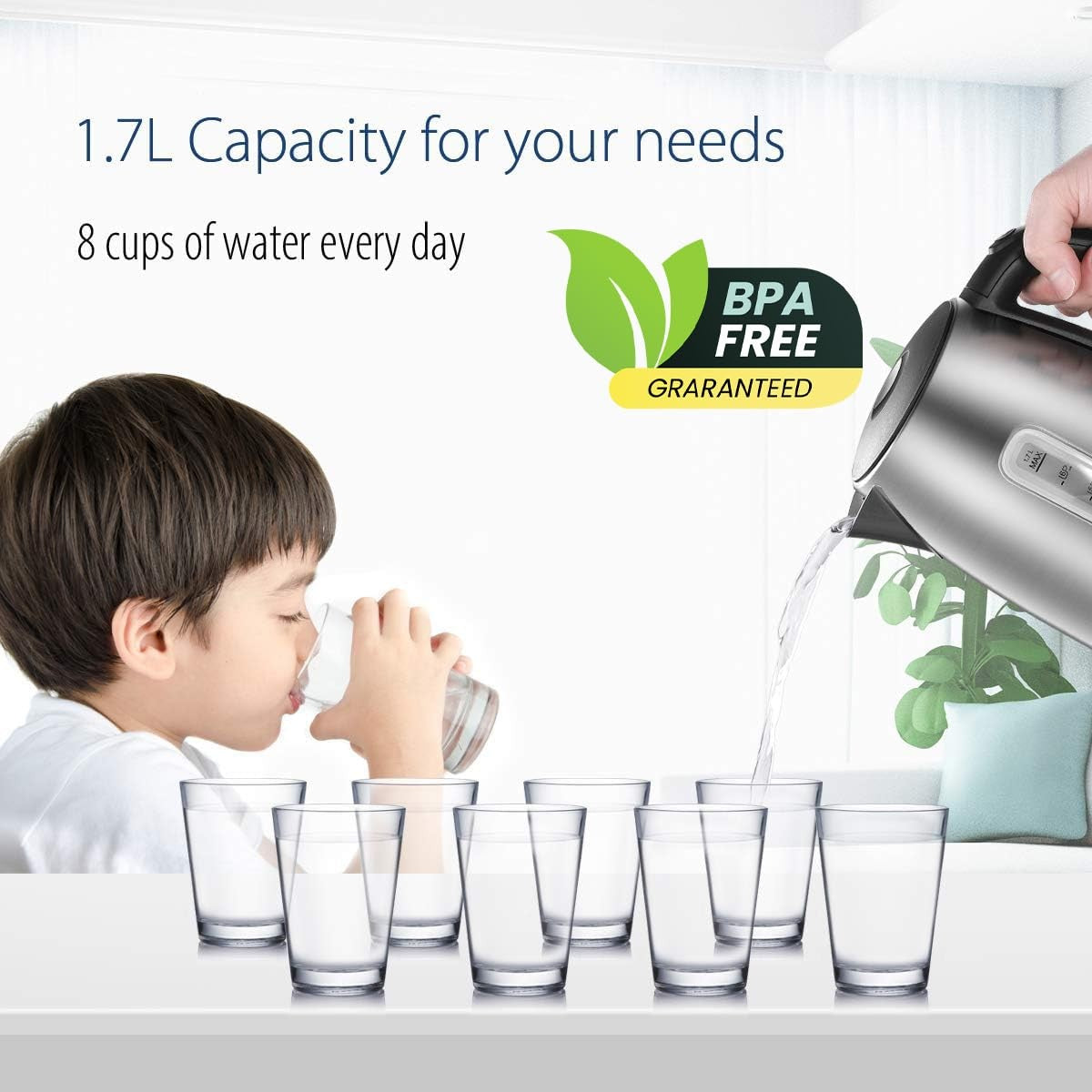 COMFEE' 1.7L Electric Kettle, Fast Boil, Auto Shut-Off, Stainless Steel