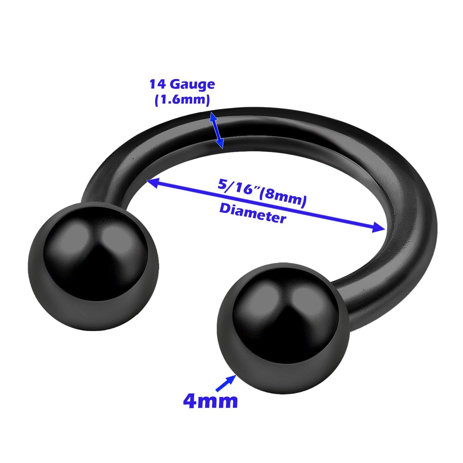 Anodized 14g Horseshoe Barbell Piercings 8Pcs Set Blue & Black 4mm Ball