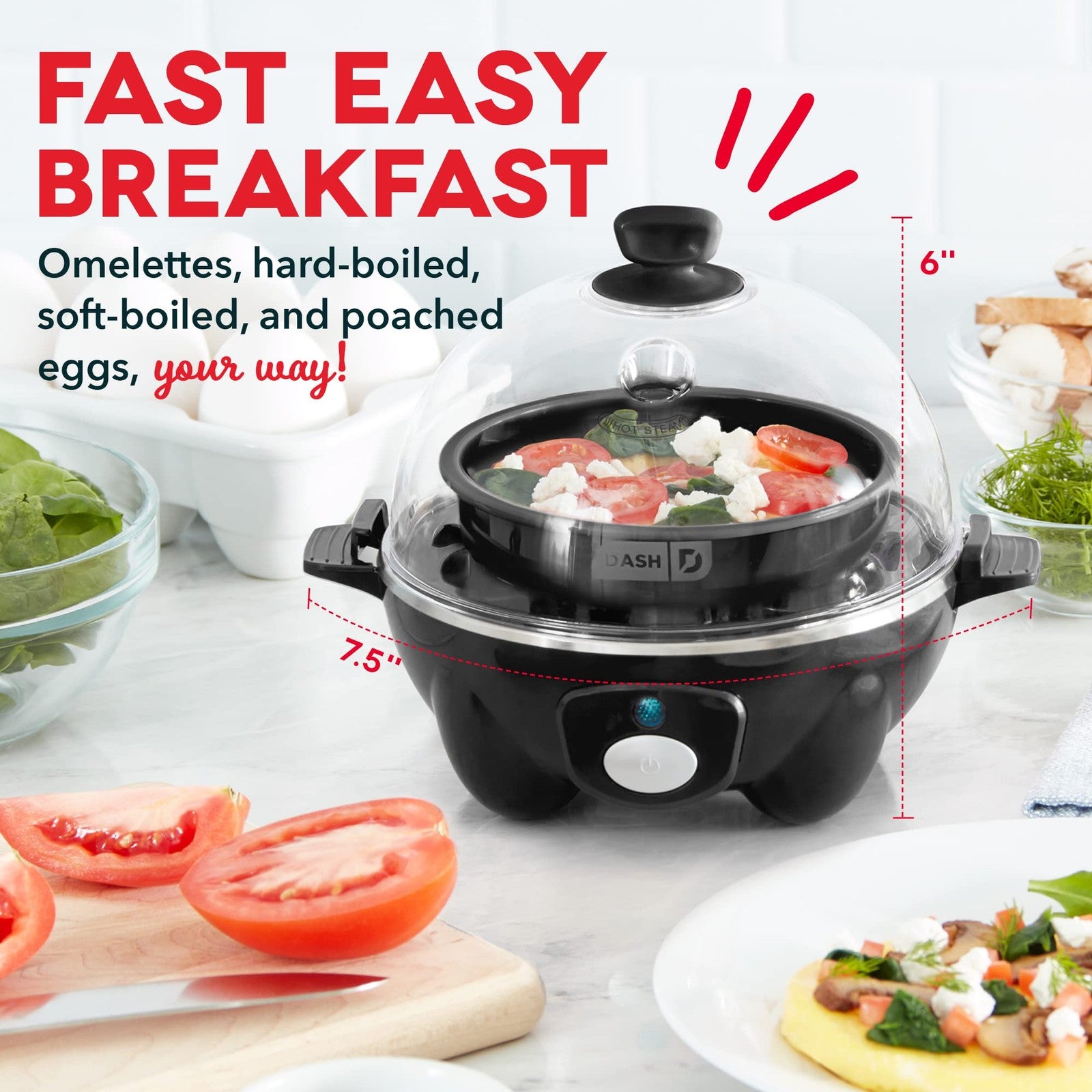 DASH 6 Egg Electric Cooker - Hard Boiled, Poached, Scrambled - Black