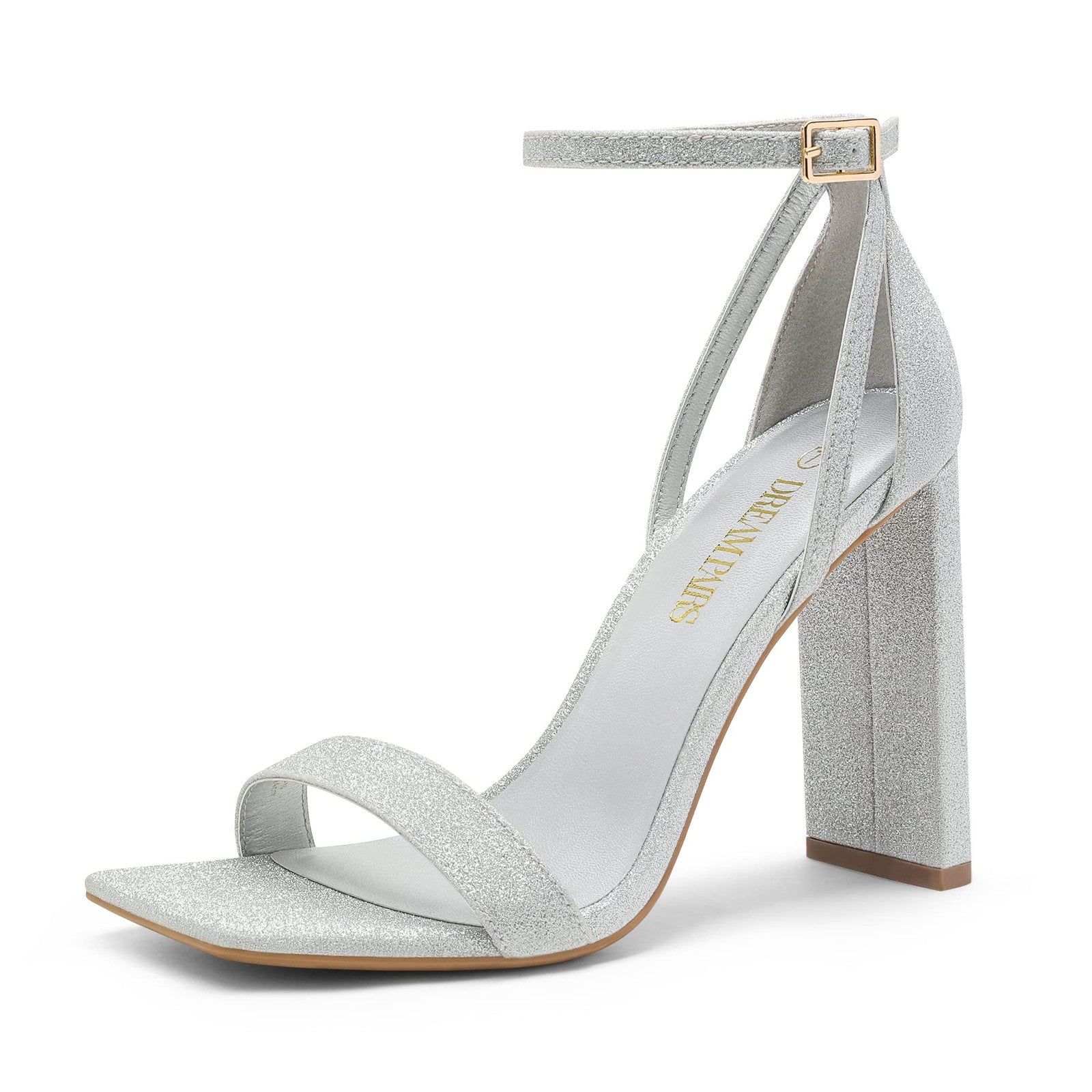 Chunky Block Square Toe Heels Sandals, Size 5.5, Silver