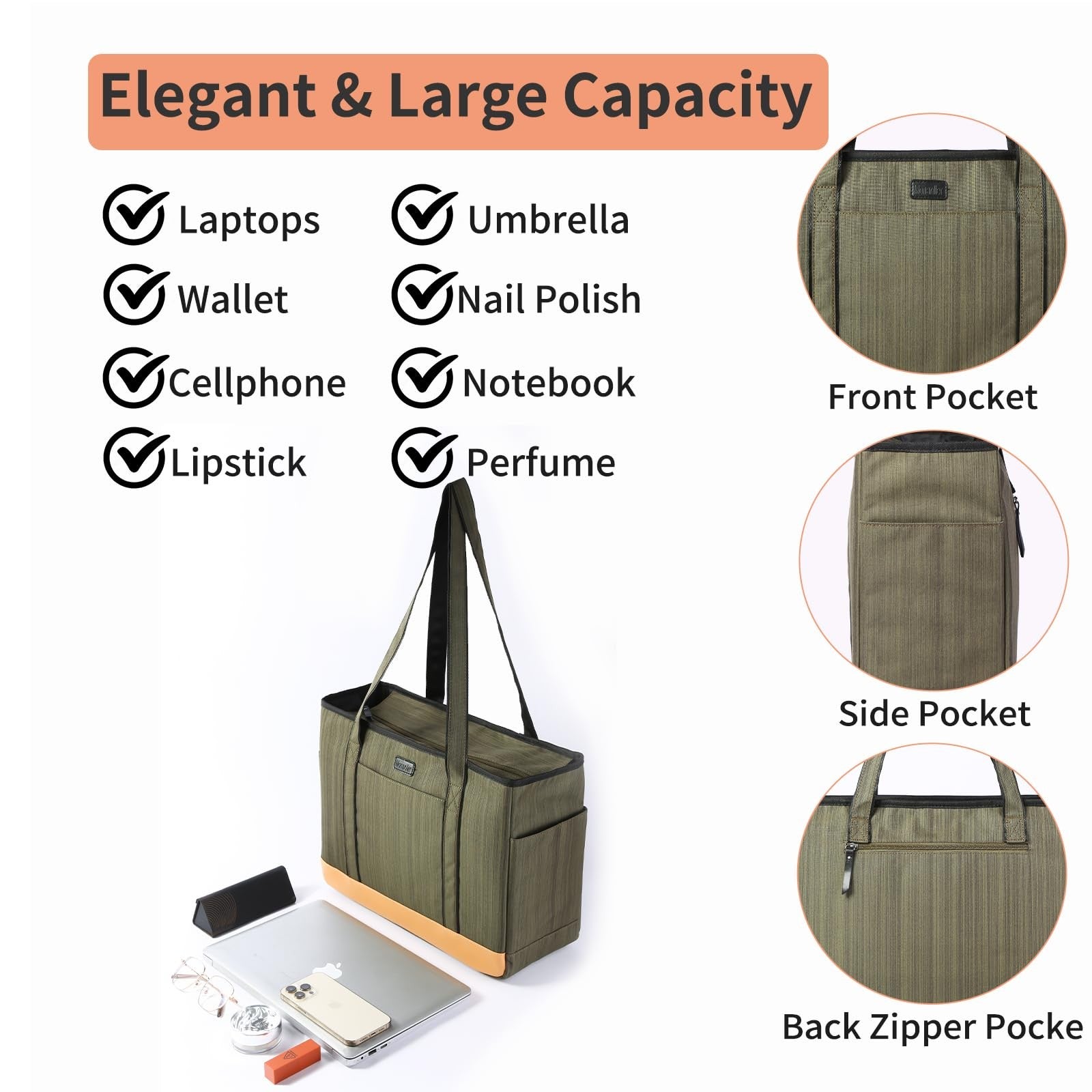Large Green Teacher Tote Bag w/ Laptop Compartment & Pockets