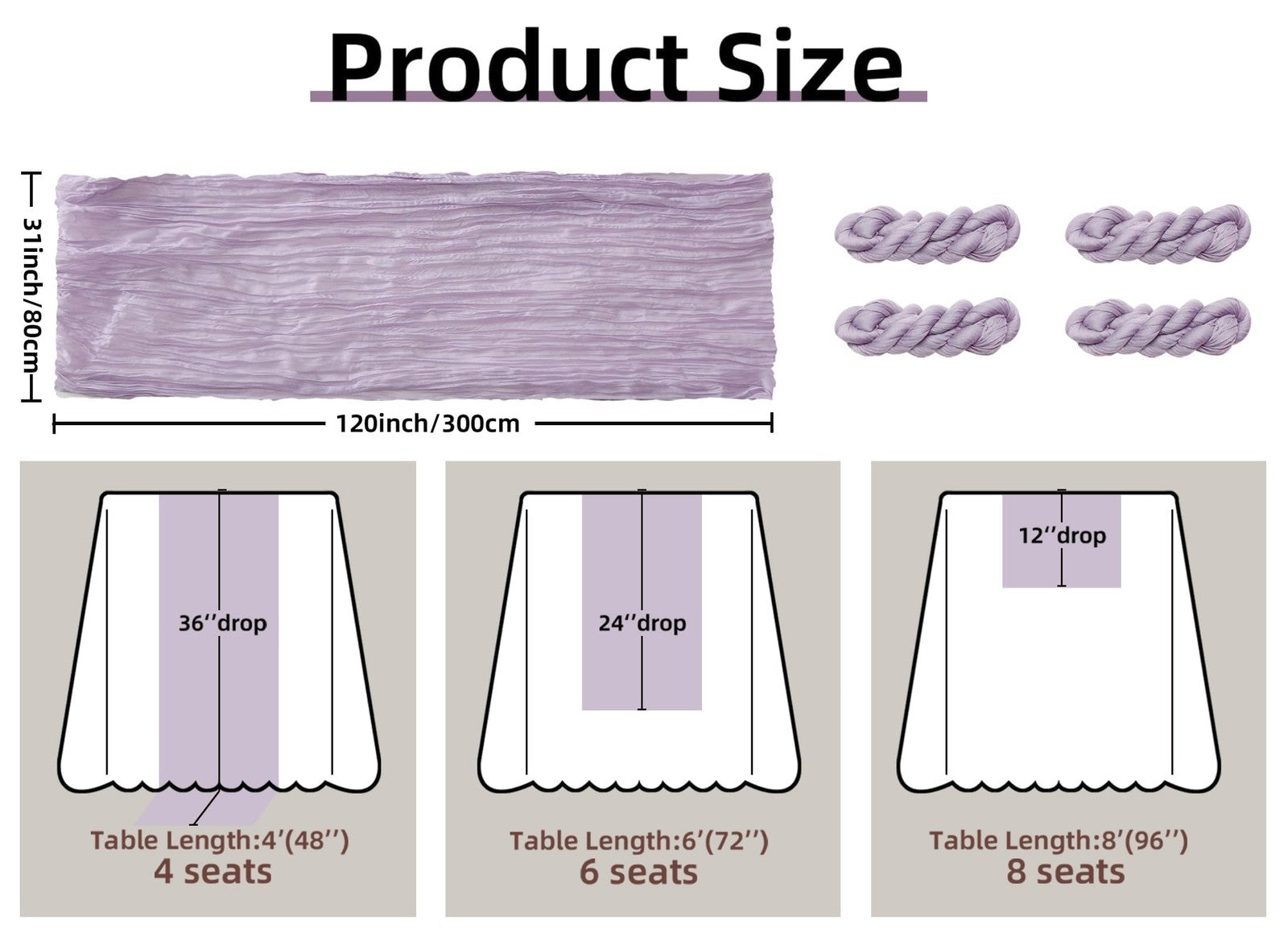 4 Pack Rustic Lilac Table Runner 35x120 In for Bridal Shower & Parties