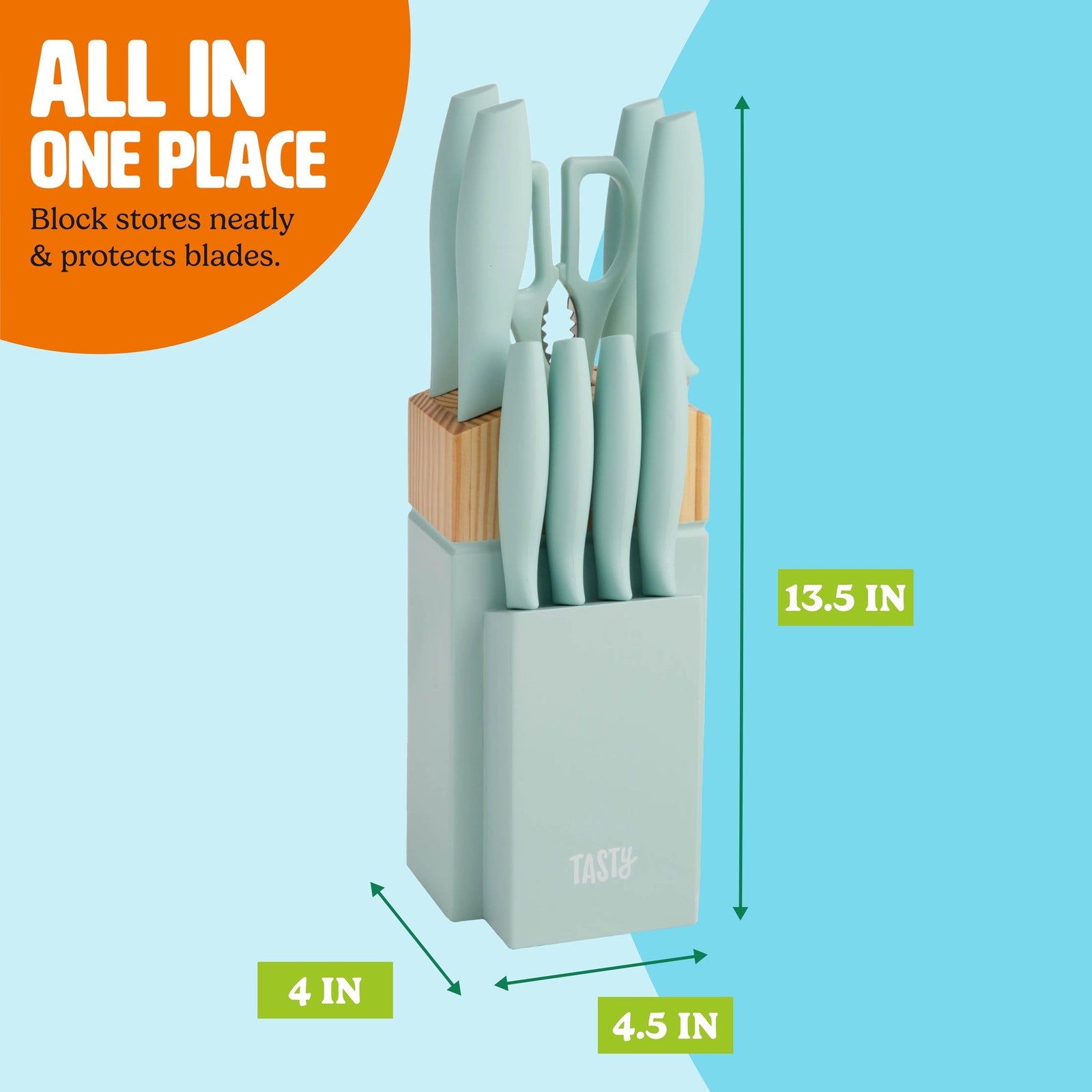 10-Piece Aqua Knife Block Set: Chef, Bread, Utility, Paring, Steak Knives