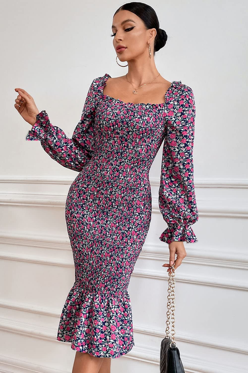 Floral Midi Bodycon Dress w/ Puff Sleeves, Square Neck, Blue Purple, M