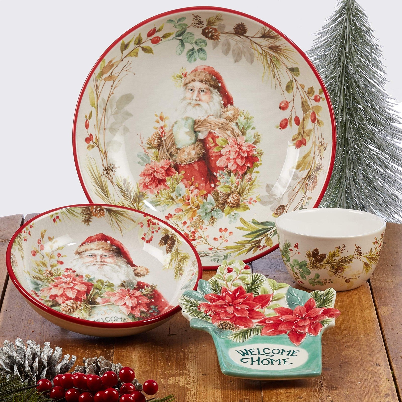 Pinecone & Berry Ceramic Bowls - Set of 4, 22 oz Christmas Serving Bowls