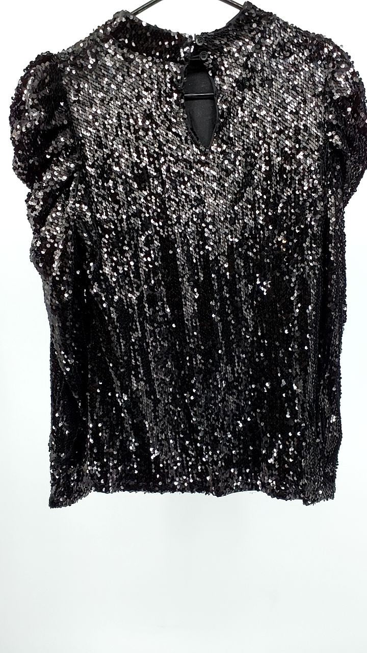 Sequin Mock Neck Puff Sleeve Blouse