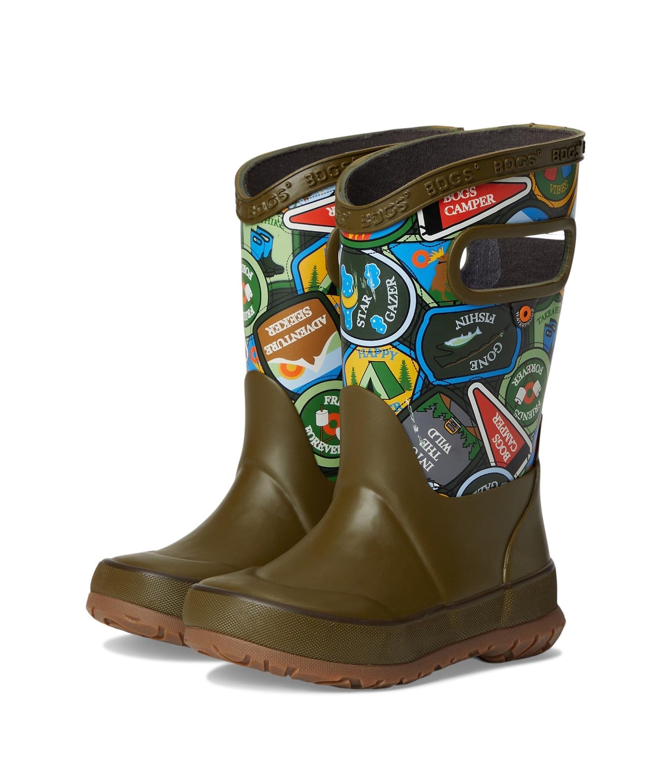 Bogs Kids Rainboot Camping Patches, Army Green Multi, 4 M Big Kid
