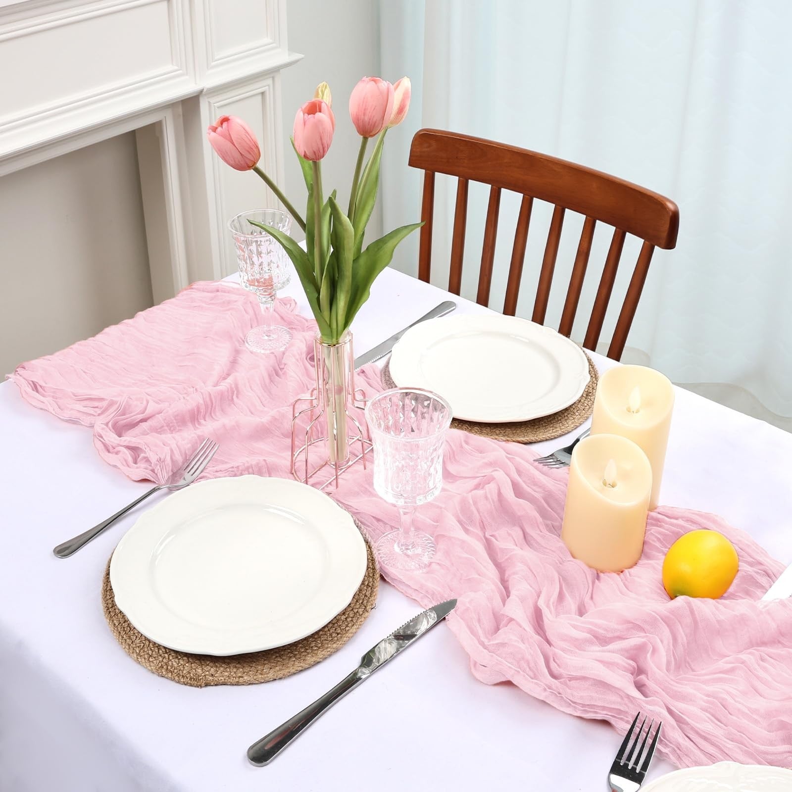 Boho Pink Cheesecloth Table Runner 10ft - 8 Pcs for Centerpieces