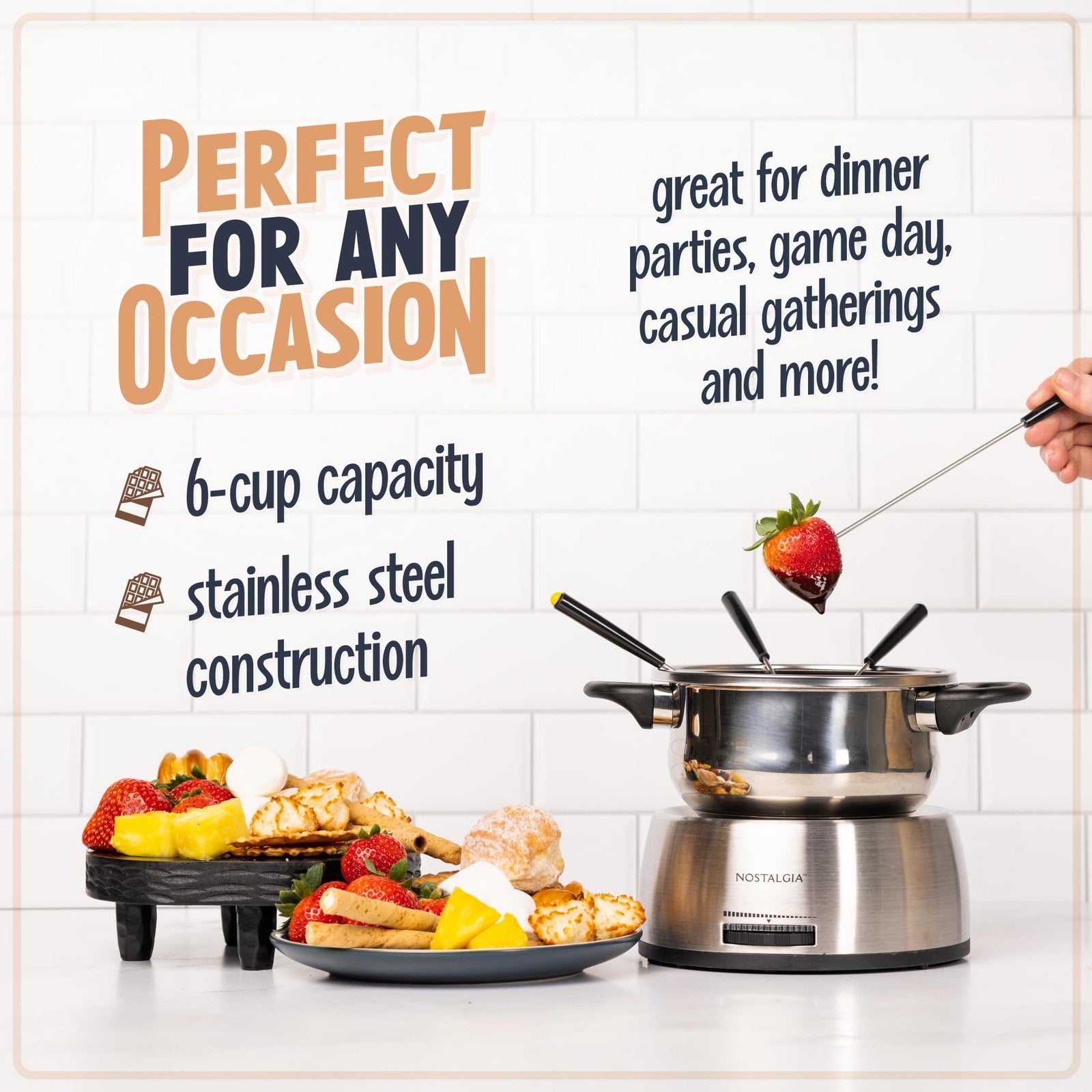 Nostalgia 6-Cup Electric Fondue Pot Set w/ Color-Coded Forks, Stainless Steel
