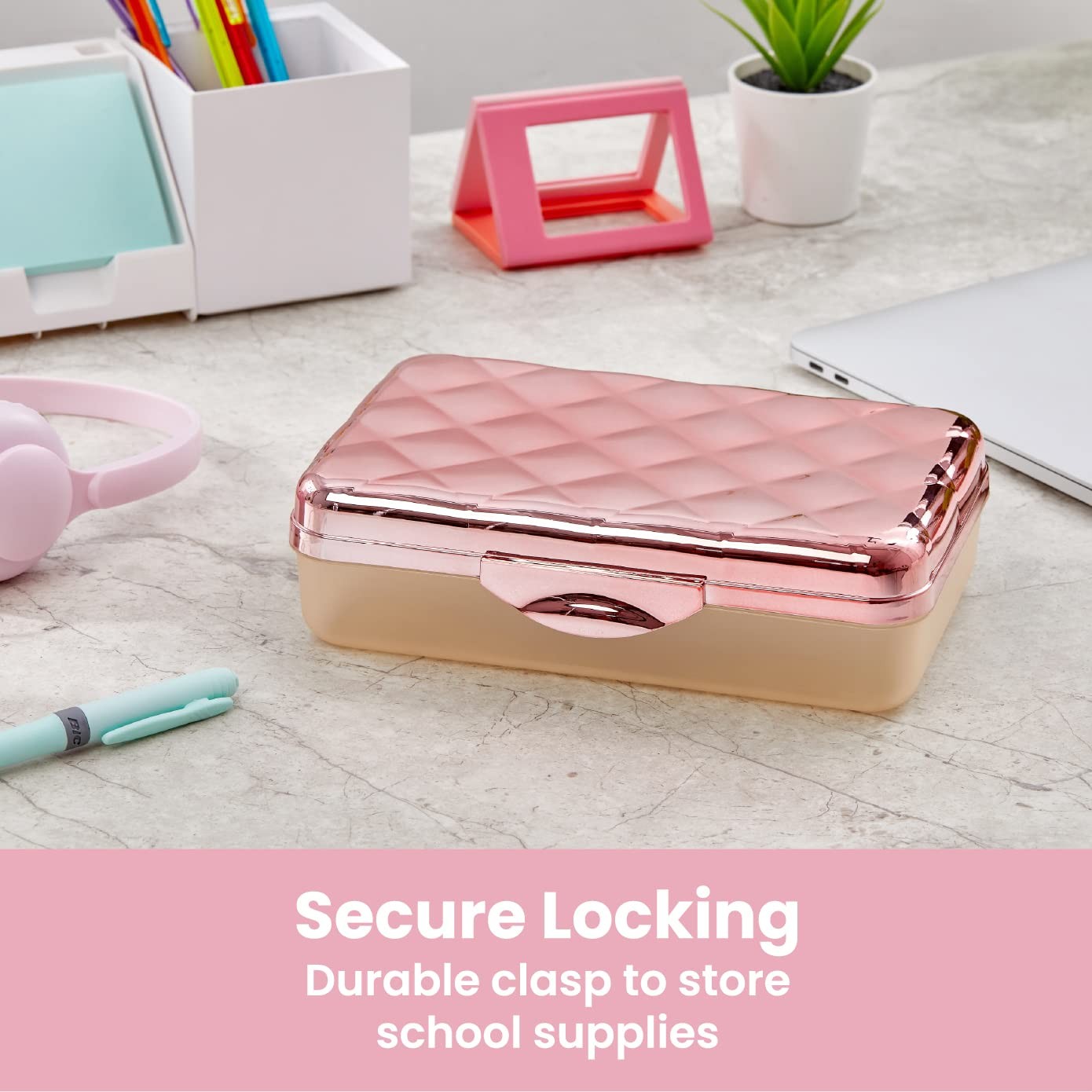 Hard Plastic Pencil Case, Quilted Rose Gold, Ideal for School Supplies