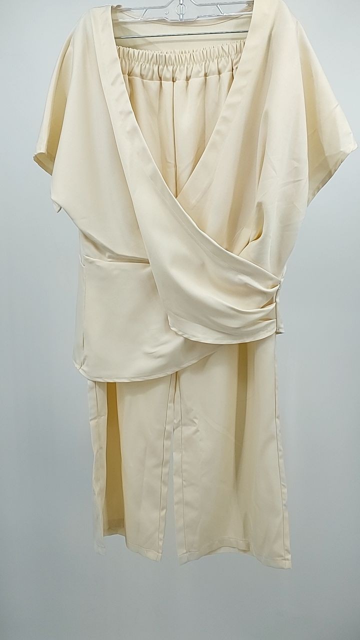 Full Size Surplice Short Sleeve Top and Pants Set Plus Size