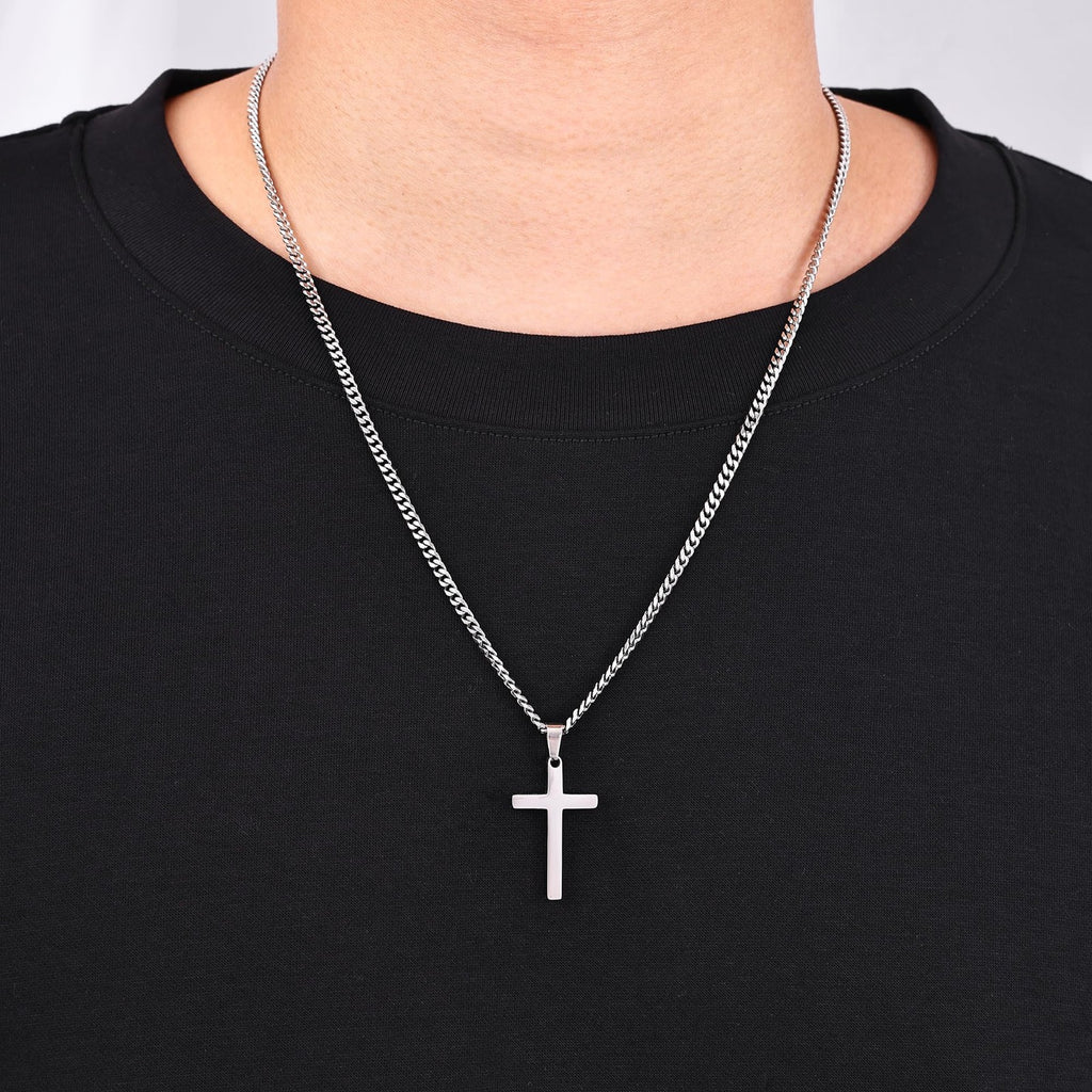 Silver Cross Necklace for Men, 20In Chain, Stainless Steel, Hypoallergenic