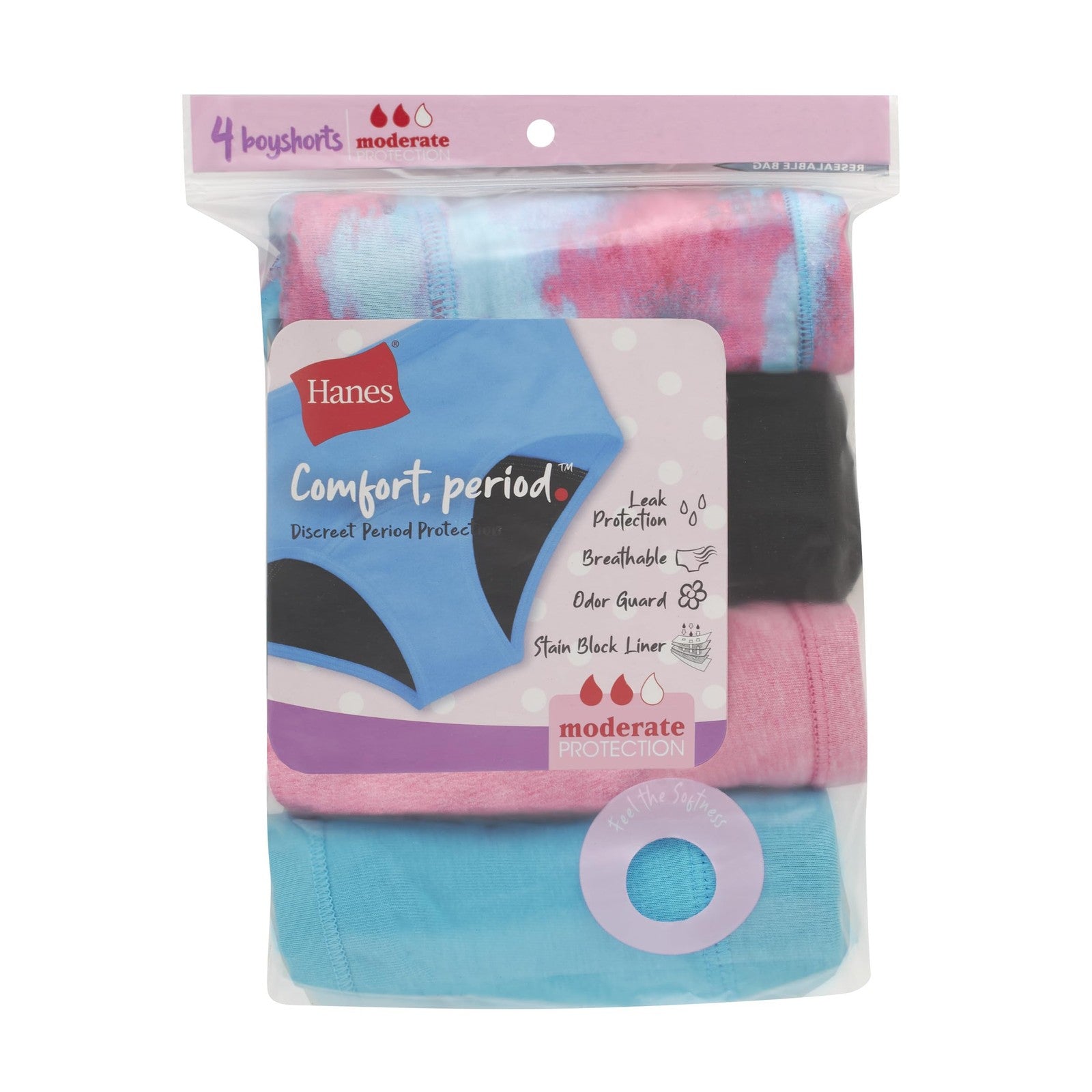 Hanes Girls' Boyshort Period Panties 4-Pack, Moderate Protection, 18