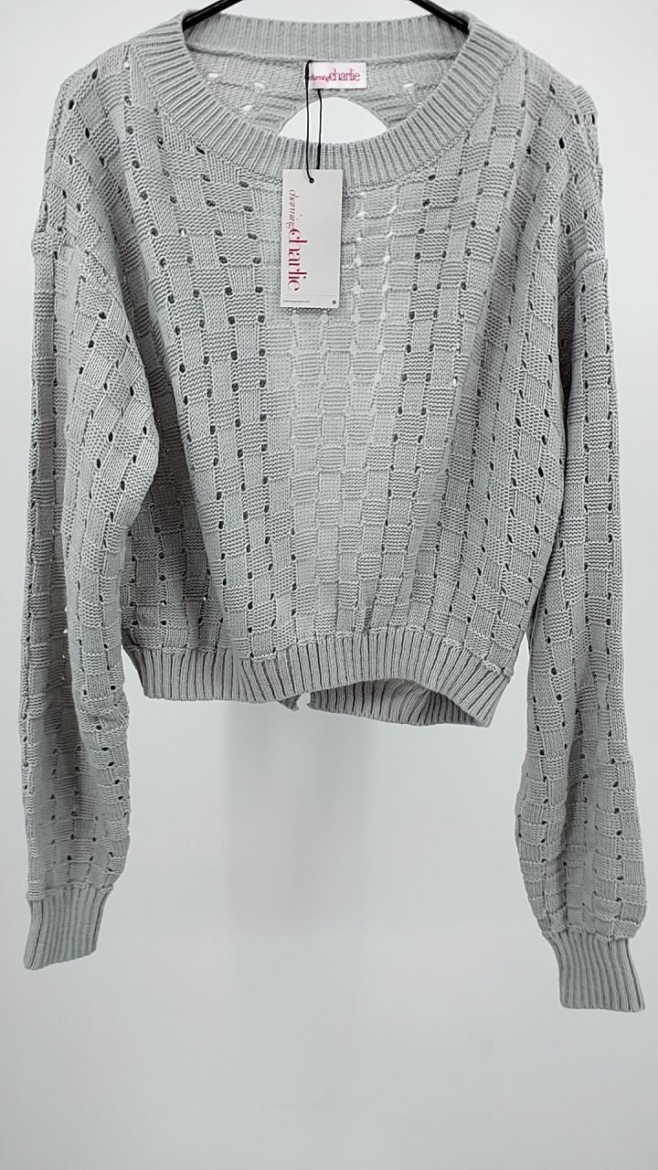 Cutout Back Openwork Round Neck Long Sleeve Sweater