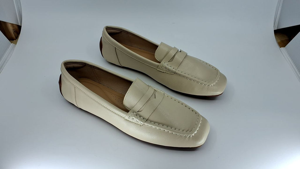 Comfortable Women's Beige Loafers, Slip On, Square Toe, Lightweight