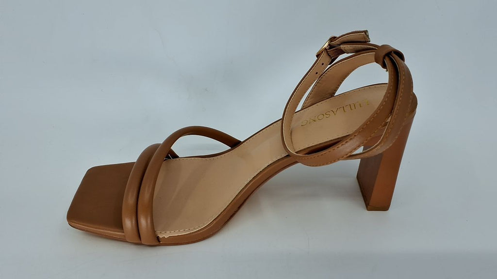 Womens Chunky Heels, Tan Strappy Sandals w/ Ankle Buckle, Size 8