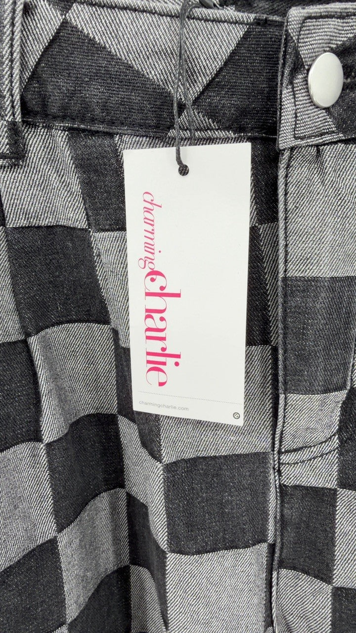 Checkered Wide Leg Jeans with Pockets