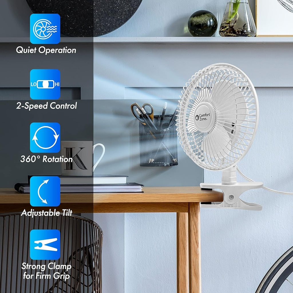 Quiet 6" Clip-On Fan, Adjustable Tilt, 2-Speed, Ideal for Desk & Stroller