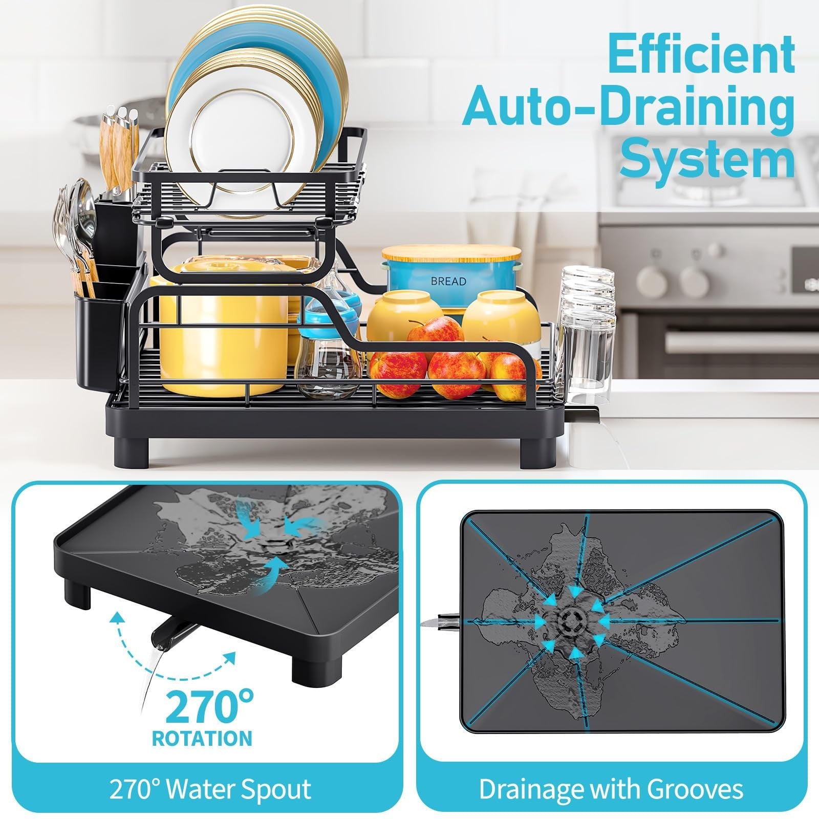 2 Tier Dish Drying Rack, Space Saving, Deep Black, Fits Over Sink