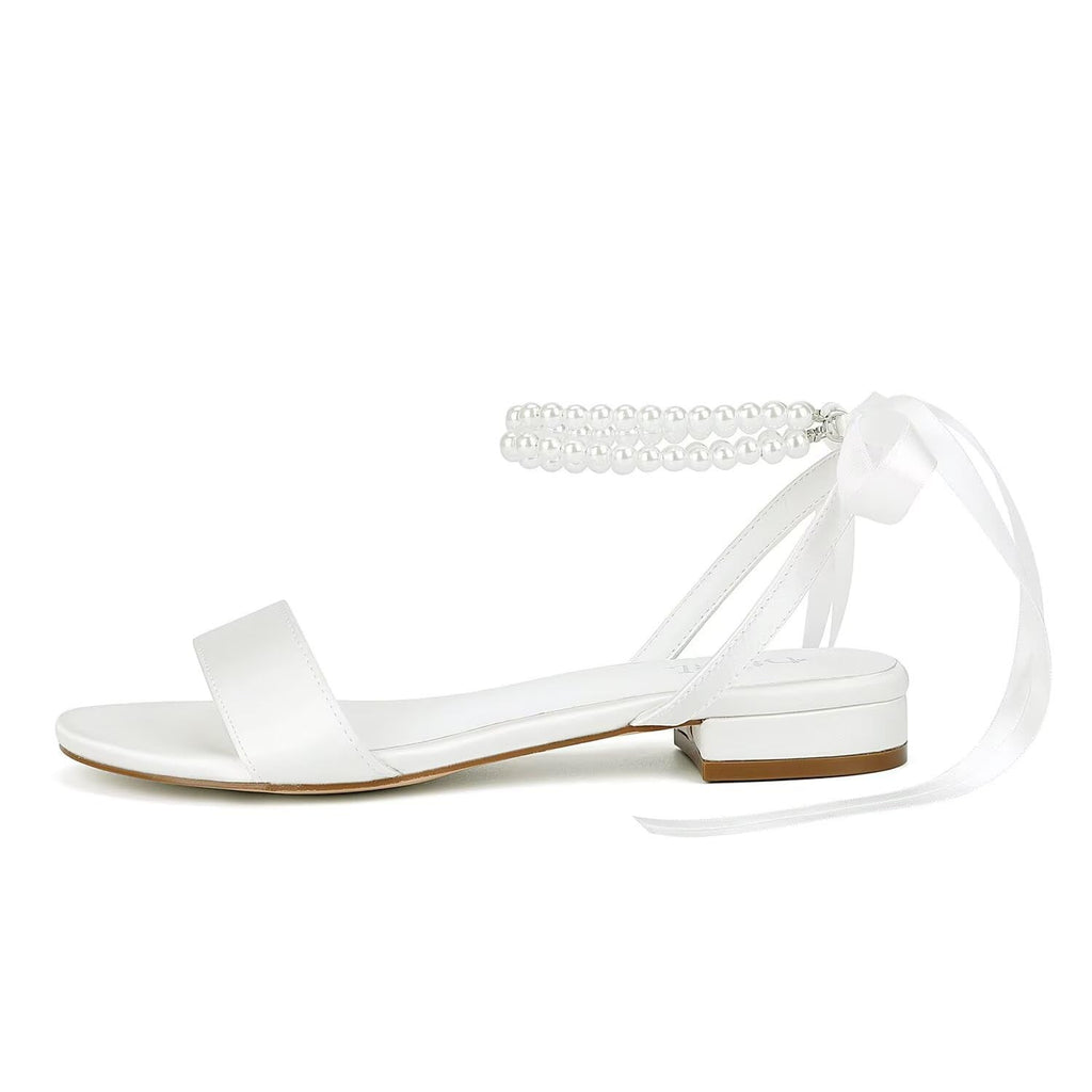 Bridal Satin Flats Sandals, Open Toe, Pearl Detail, Ivory, Size 8.5