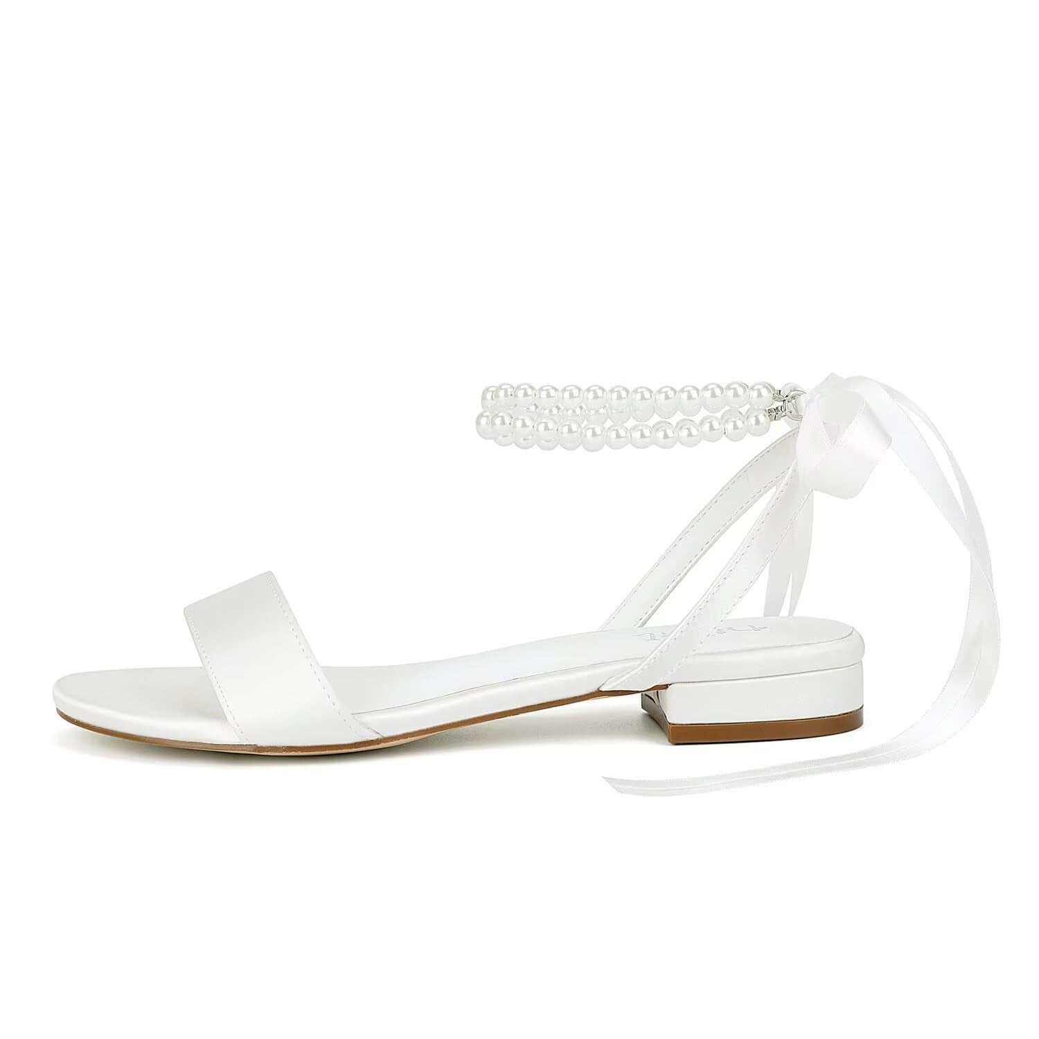 Bridal Satin Flats Sandals, Open Toe, Pearl Detail, Ivory, Size 8.5