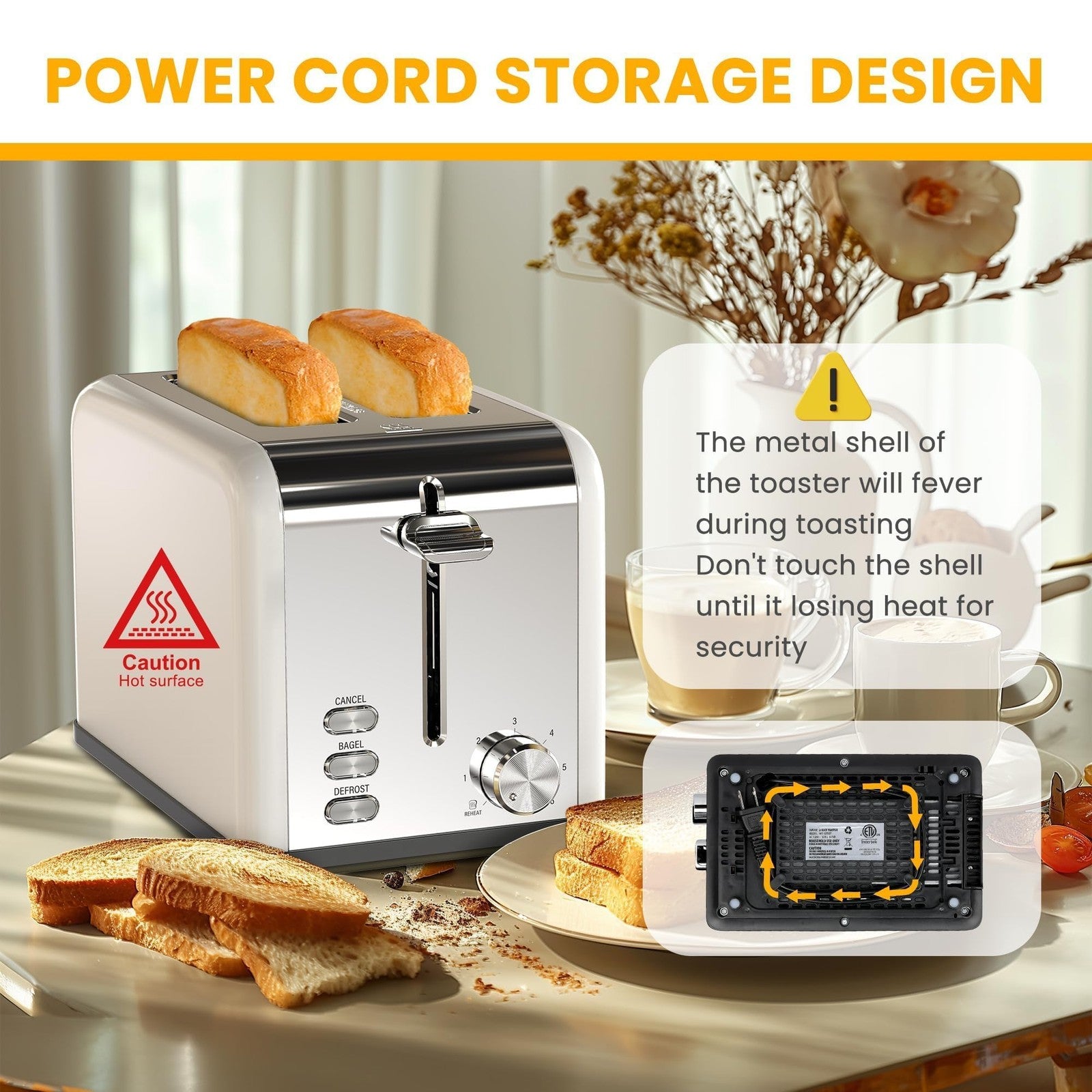 Extra Wide Slot 2-Slice Toaster, 6 Settings, White Stainless Steel