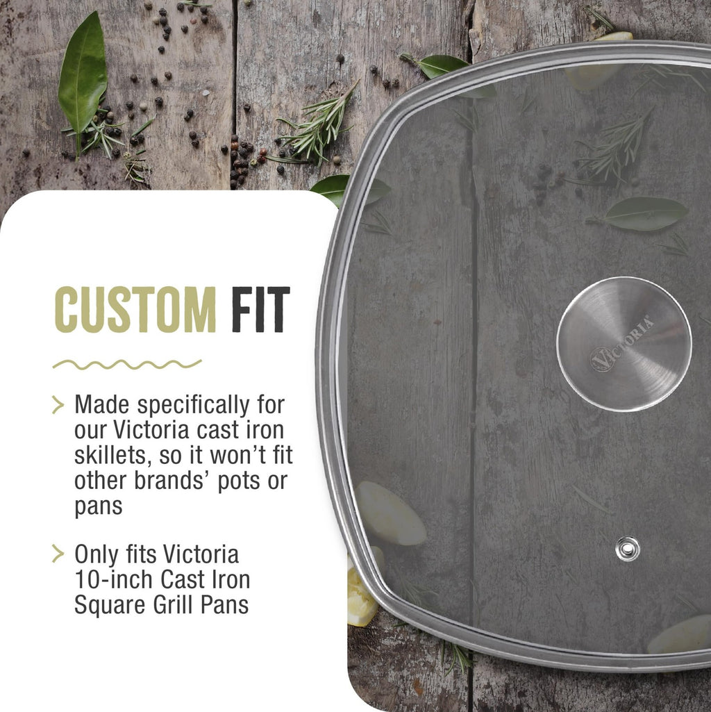 10-Inch Square Skillet Glass Lid, Fits Victoria 9.7-Inch Diameter