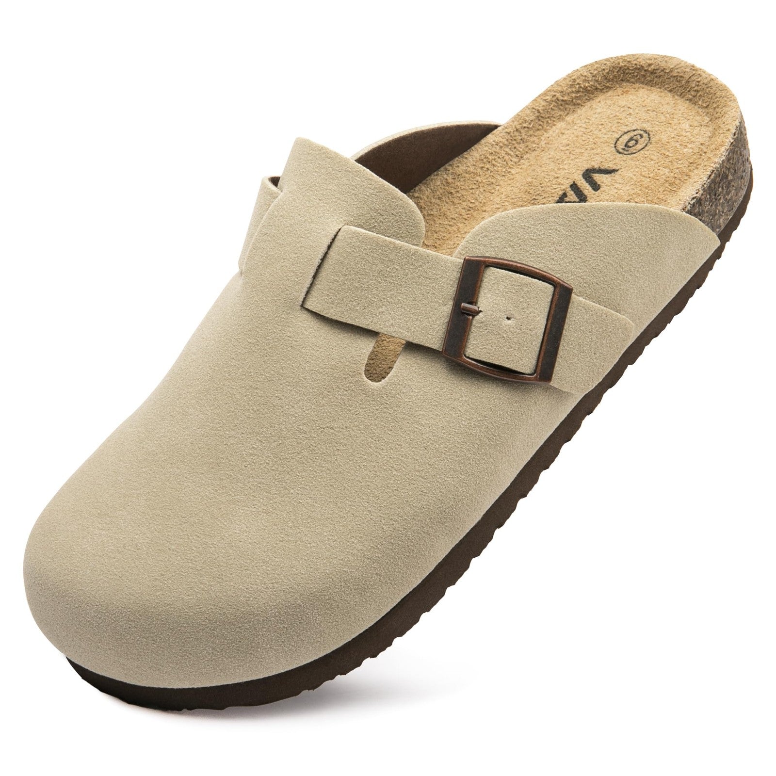 Women’s Beige Suede Clogs w/ Arch Support Cork Footbed Size 9