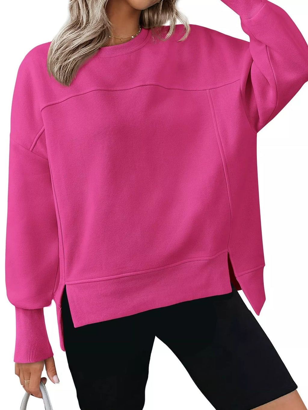 Slit Round Neck Dropped Shoulder Sweatshirt