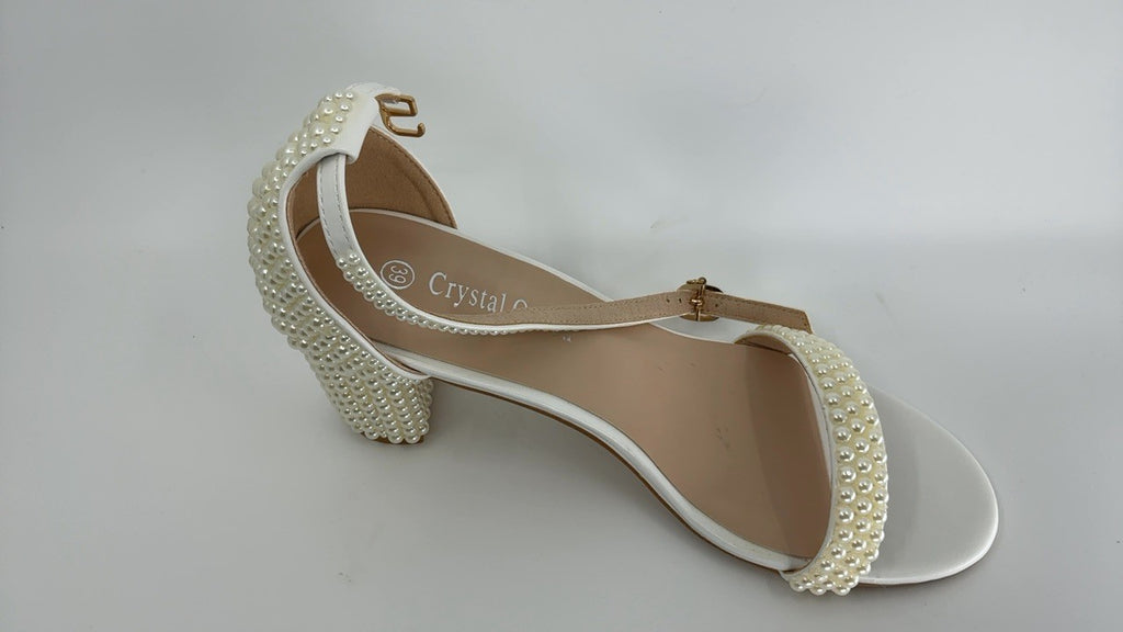 2.95'' Pearls Block Heels Sandals Beige 8 Peep Toe Rhinestone Pumps
