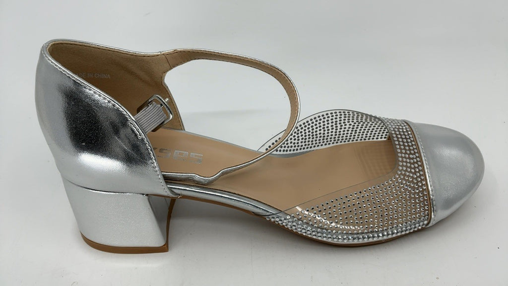 Chunky Heel Pumps for Women, Rhinestone Ankle Strap, Silver, Size 8.5