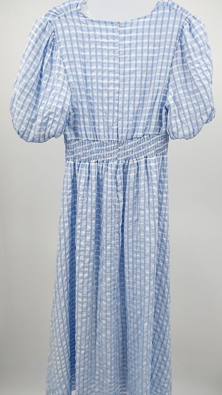 V-Neck Puff Short Sleeve Midi Dress