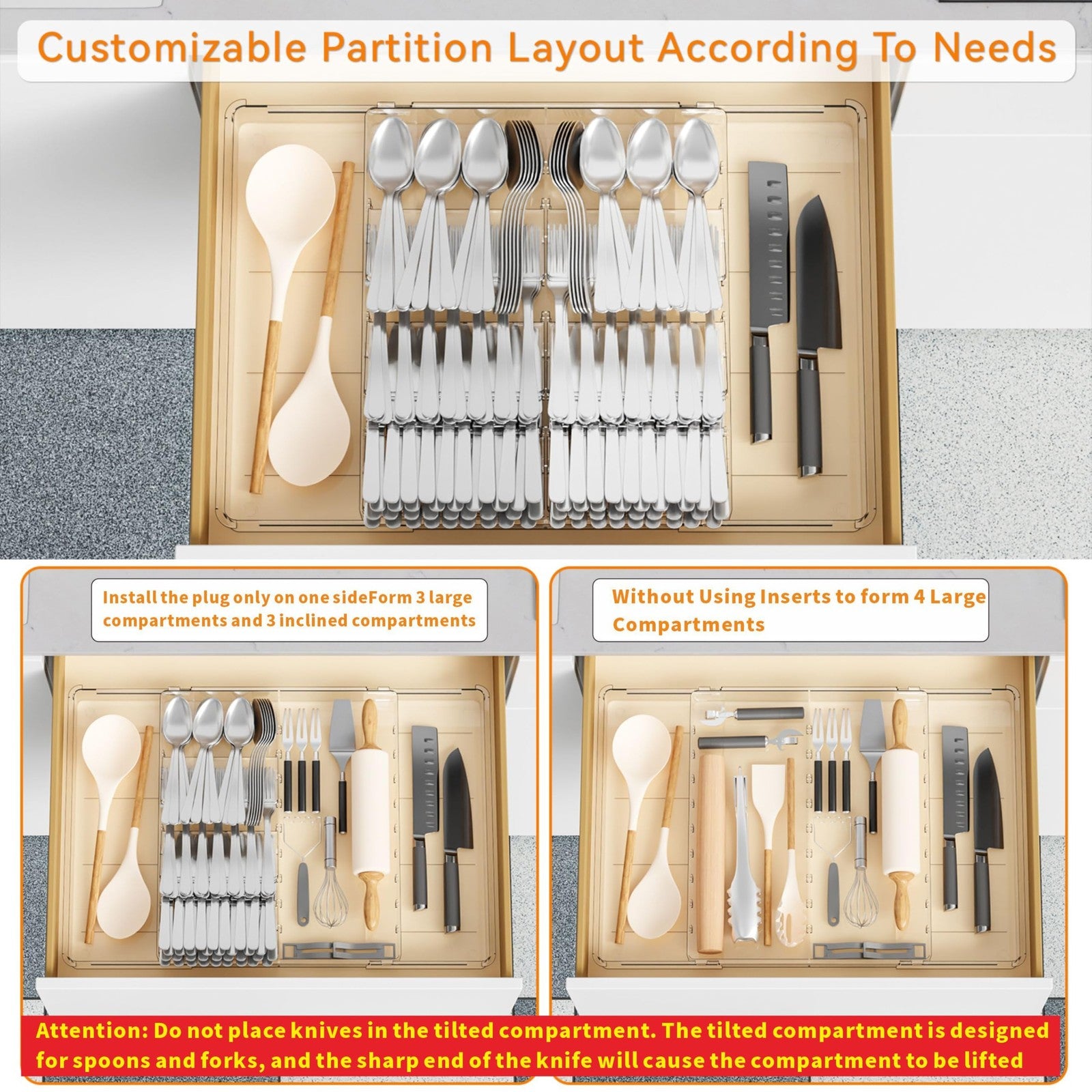 Large Silverware Organizer, Expandable from 12.6 to 21.3 in, Clear