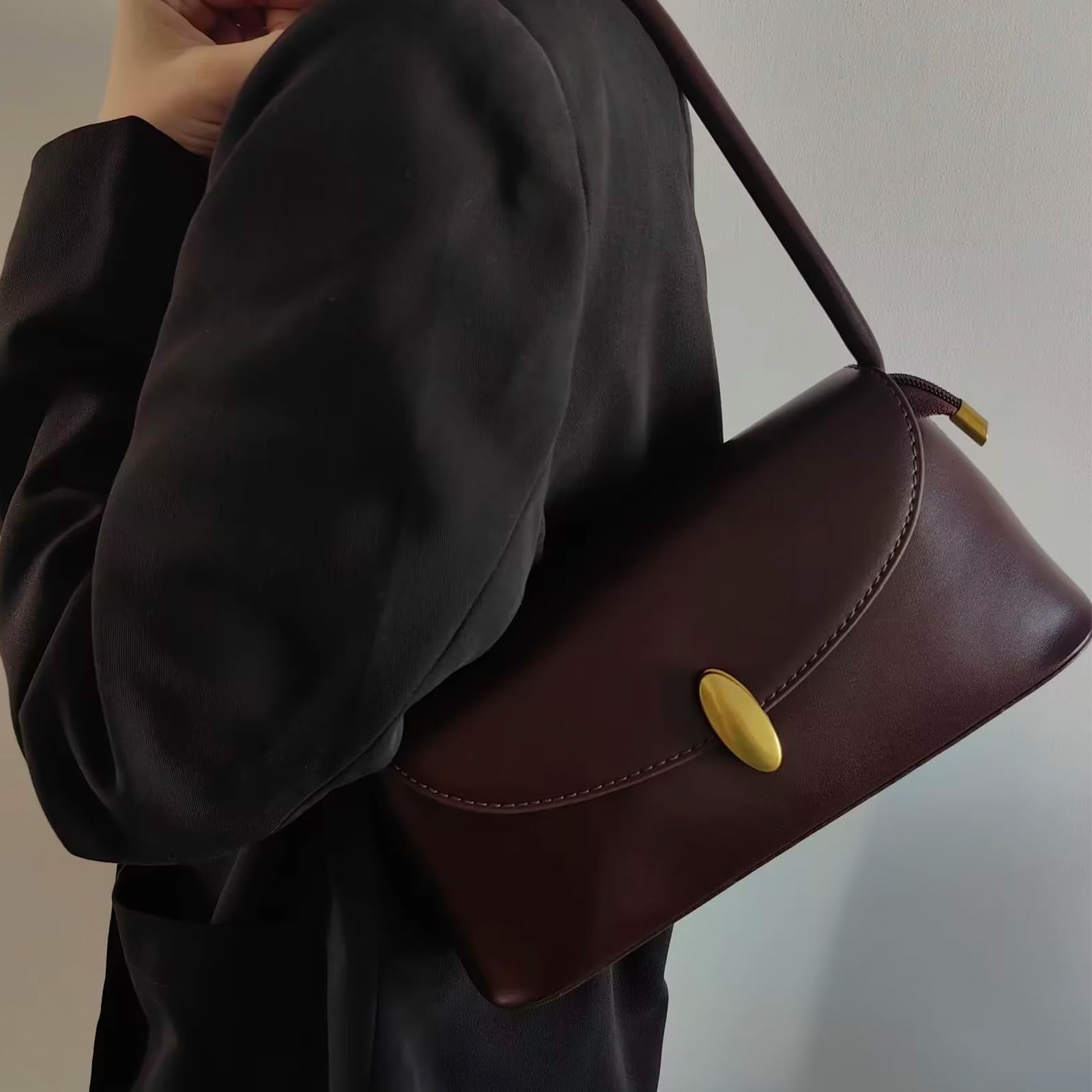 Espresso Retro Shoulder Bag, Small Faux Leather Tote for Women