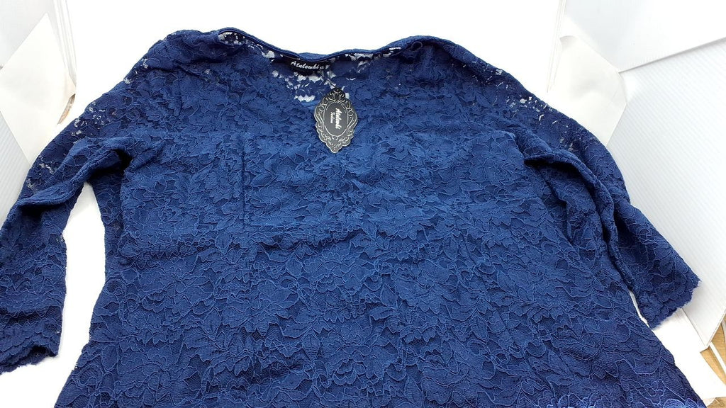 3/4 Sleeve Slim Fit Lace Dress Navy Blue Formal Evening X-Large