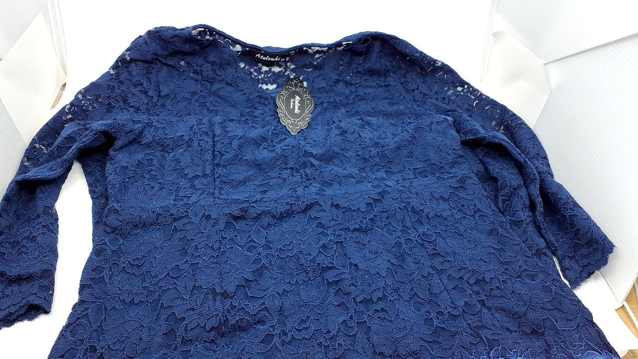 3/4 Sleeve Slim Fit Lace Dress Navy Blue Formal Evening X-Large