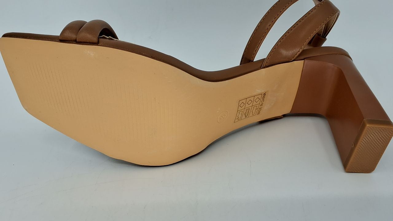 Womens Chunky Heels, Tan Strappy Sandals w/ Ankle Buckle, Size 8
