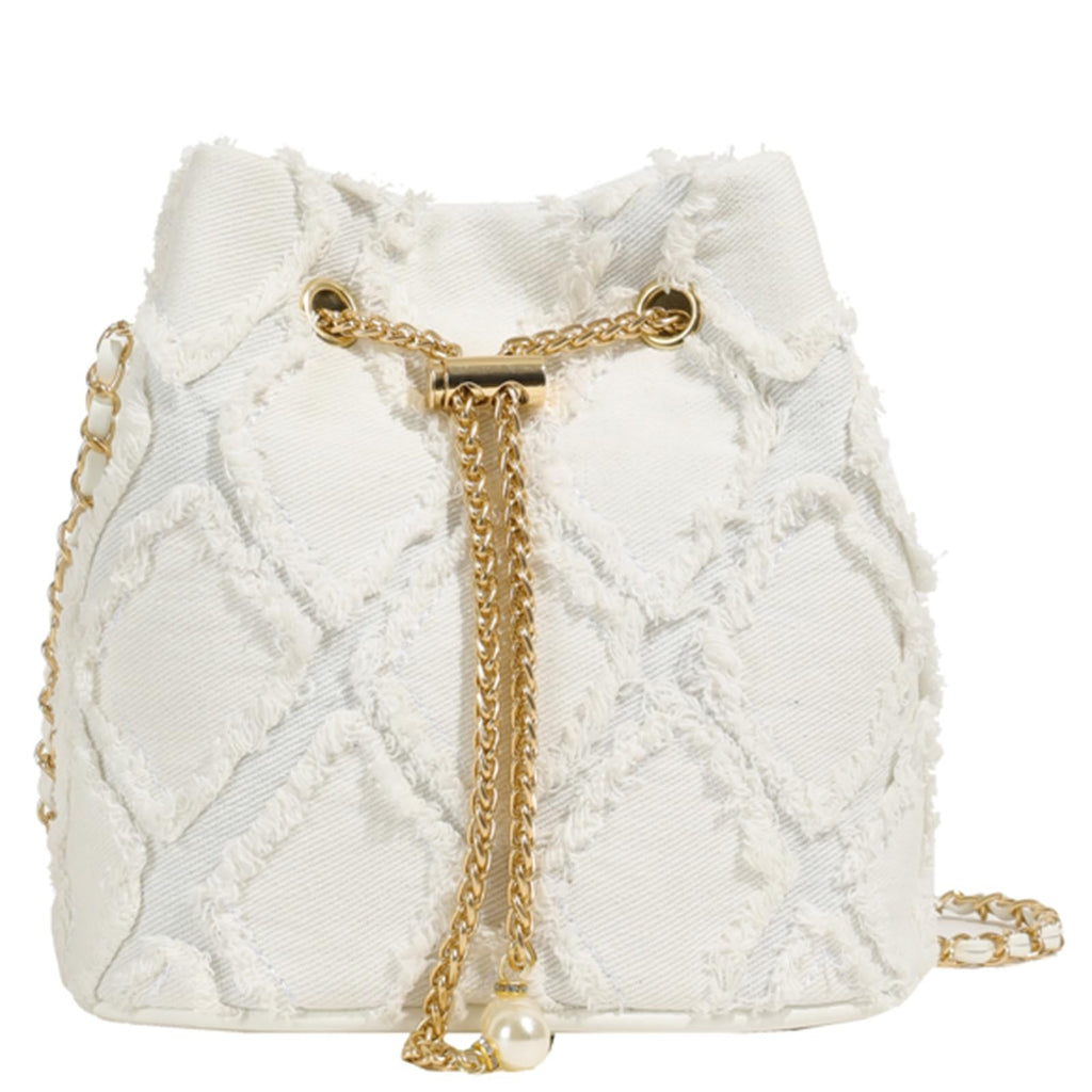 Extolove White Denim Bucket Bag Quilted Drawstring Hobo Purse