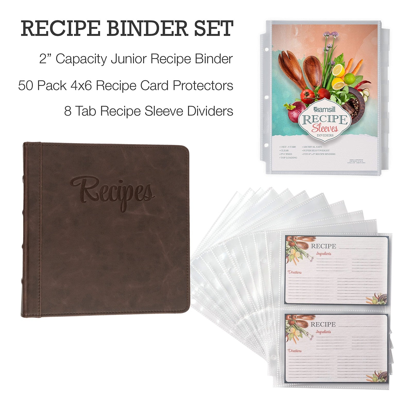 2-Inch Recipe Organizer Binder, Faux Leather, 50 Card Sleeves & Dividers