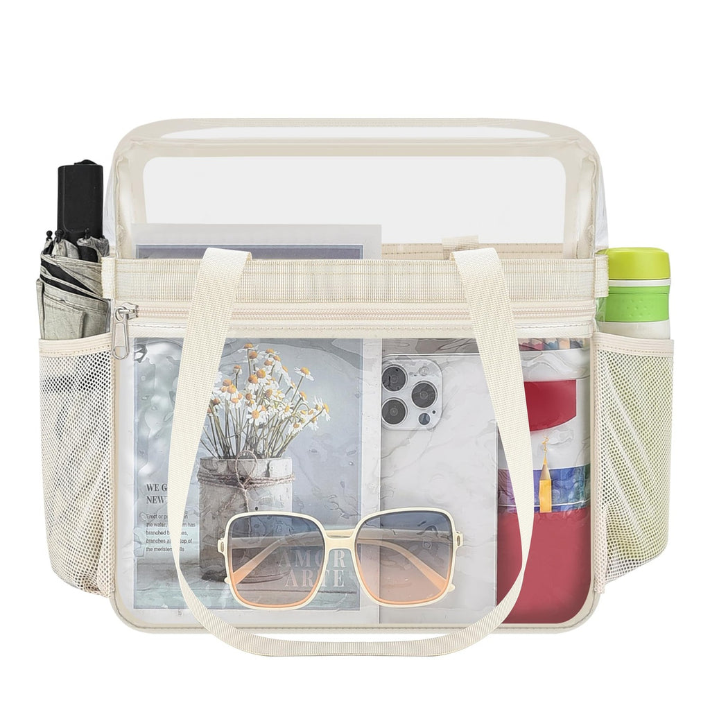 Large Clear Tote Bag 12x6x12 - Stadium Approved, Cream, w/ Shoulder Strap